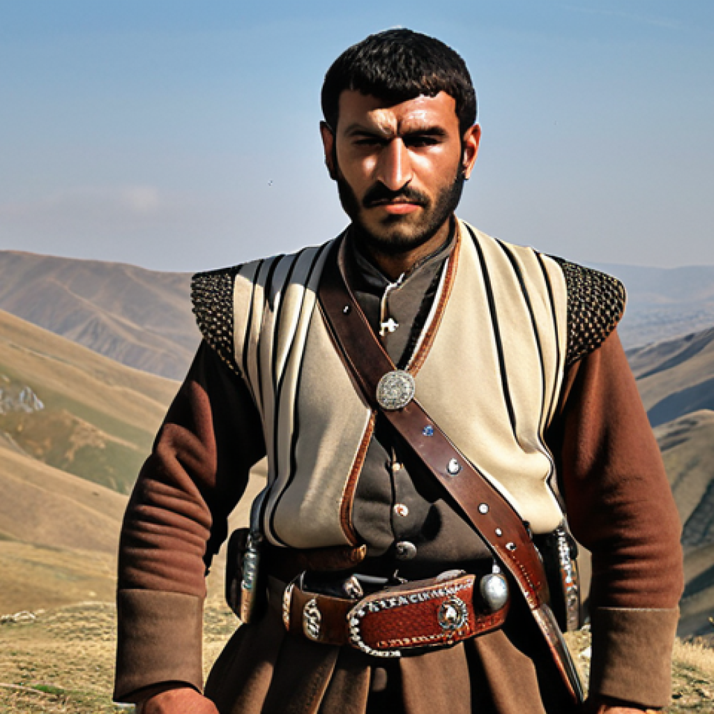 A Georgian man in a chokha, showcasing its historical design and the gazyr cartridge holders, with a sword and belt, symbolizing bravery and masculinity. The background should evoke the rugged landscape of Georgia.