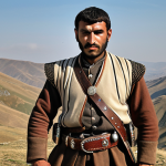 A Georgian man in a chokha, showcasing its historical design and the gazyr cartridge holders, with a sword and belt, symbolizing bravery and masculinity. The background should evoke the rugged landscape of Georgia.