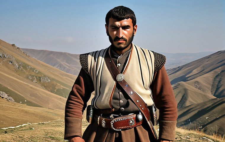 A Georgian man in a chokha, showcasing its historical design and the gazyr cartridge holders, with a sword and belt, symbolizing bravery and masculinity. The background should evoke the rugged landscape of Georgia.