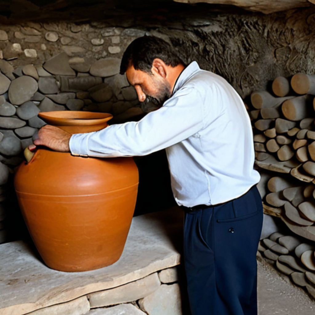 A respectful Georgian winemaker, an adult male, in a modest traditional work shirt and dark trousers, standing beside a large, earth-buried Qvevri clay amphora in a well-lit, rustic underground wine cellar. He is gently touching the surface of the Qvevri, gazing at it with a sense of reverence and dedication. The cellar features natural stone walls and soft, diffused light, emphasizing the ancient, rounded forms of the Qvevri. Traditional tools are subtly placed in the background. Professional photography, high detail, perfect anatomy, correct proportions, natural pose, well-formed hands, proper finger count, natural body proportions, fully clothed, modest clothing, appropriate attire, professional dress, safe for work, appropriate content, family-friendly.