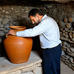 A respectful Georgian winemaker, an adult male, in a modest traditional work shirt and dark trousers, standing beside a large, earth-buried Qvevri clay amphora in a well-lit, rustic underground wine cellar. He is gently touching the surface of the Qvevri, gazing at it with a sense of reverence and dedication. The cellar features natural stone walls and soft, diffused light, emphasizing the ancient, rounded forms of the Qvevri. Traditional tools are subtly placed in the background. Professional photography, high detail, perfect anatomy, correct proportions, natural pose, well-formed hands, proper finger count, natural body proportions, fully clothed, modest clothing, appropriate attire, professional dress, safe for work, appropriate content, family-friendly.