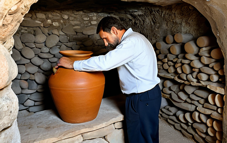 A respectful Georgian winemaker, an adult male, in a modest traditional work shirt and dark trousers, standing beside a large, earth-buried Qvevri clay amphora in a well-lit, rustic underground wine cellar. He is gently touching the surface of the Qvevri, gazing at it with a sense of reverence and dedication. The cellar features natural stone walls and soft, diffused light, emphasizing the ancient, rounded forms of the Qvevri. Traditional tools are subtly placed in the background. Professional photography, high detail, perfect anatomy, correct proportions, natural pose, well-formed hands, proper finger count, natural body proportions, fully clothed, modest clothing, appropriate attire, professional dress, safe for work, appropriate content, family-friendly.